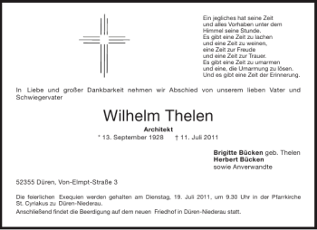 Traueranzeige von Wilhelm Thelen von Aachener Zeitung / Aachener Nachrichten