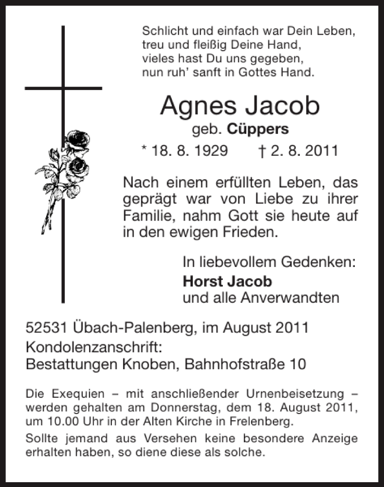 Traueranzeigen von Agnes Jacob | Aachen gedenkt