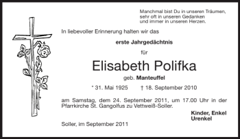 Traueranzeige von Elisabeth Polifka von Super Sonntag / Super Mittwoch