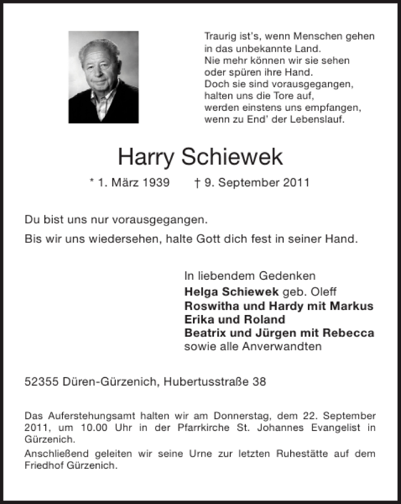  Traueranzeige für Harry Schiewek vom 18.09.2011 aus Super Sonntag / Super Mittwoch