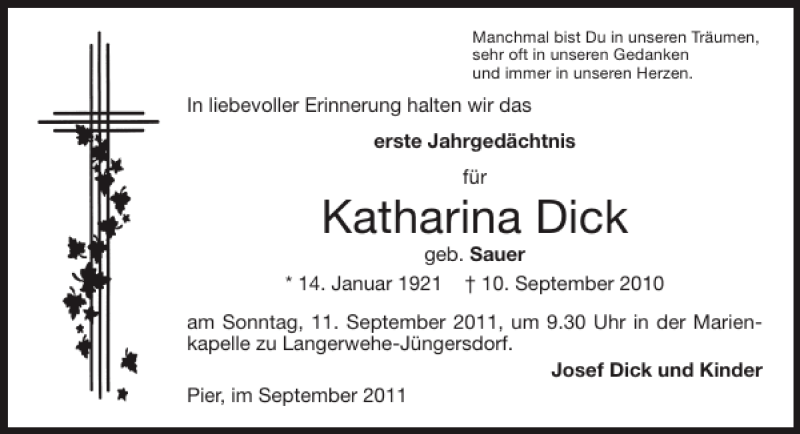 Traueranzeigen Von Katharina Dick Aachen Gedenkt 9941