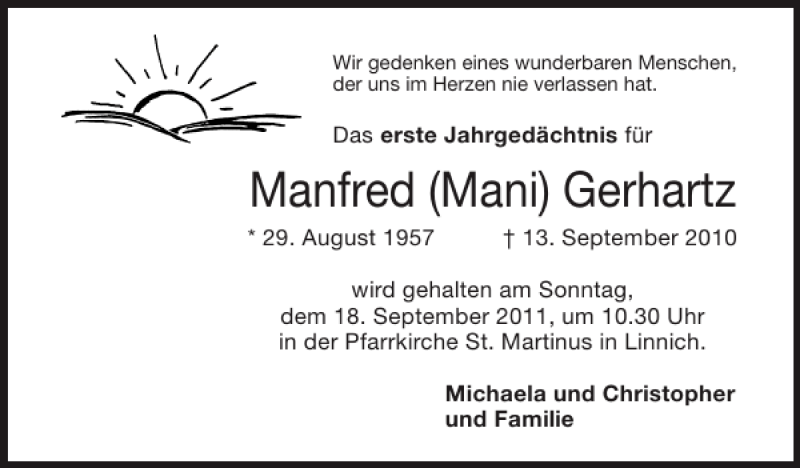  Traueranzeige für Manfred Mani Gerhartz vom 11.09.2011 aus Super Sonntag / Super Mittwoch