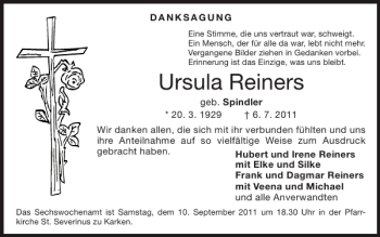 Traueranzeige von Ursula Reiners von Super Sonntag / Super Mittwoch