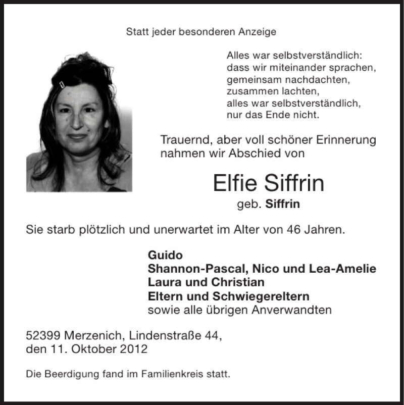 Traueranzeigen von Elfie Siffrin | Aachen gedenkt