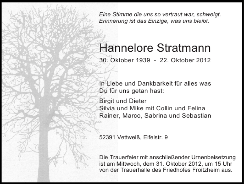  Traueranzeige für Hannelore Stratmann vom 28.10.2012 aus Super Sonntag / Super Mittwoch