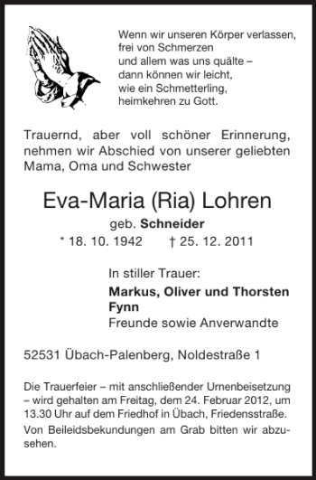 Traueranzeige von Eva-Maria Ria Lohren von Super Sonntag / Super Mittwoch