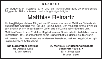 Traueranzeige von Matthias Reinartz von Super Sonntag / Super Mittwoch