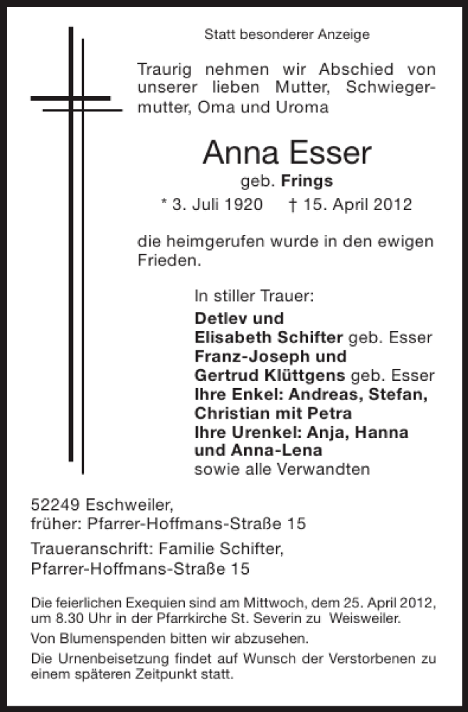Traueranzeigen von Anna Esser | Aachen gedenkt