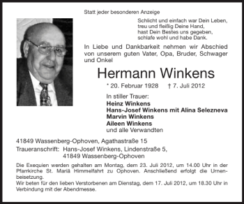 Traueranzeige von Hermann Winkens von Super Sonntag / Super Mittwoch