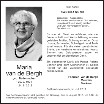 Traueranzeige von Maria van de Bergh von Super Sonntag / Super Mittwoch