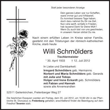 Traueranzeige von Willi Schmölders von Super Sonntag / Super Mittwoch