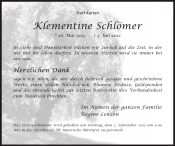 Traueranzeige von Klementine Schlömer von Super Sonntag / Super Mittwoch