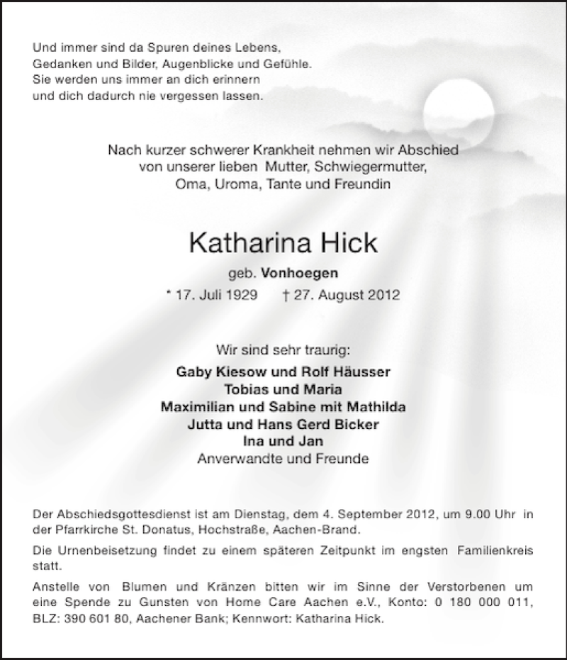 Traueranzeigen Von Katharina Hick Aachen Gedenkt 8963