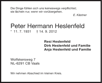 Traueranzeige von Peter Hermann Heslenfeld von Aachener Zeitung / Aachener Nachrichten