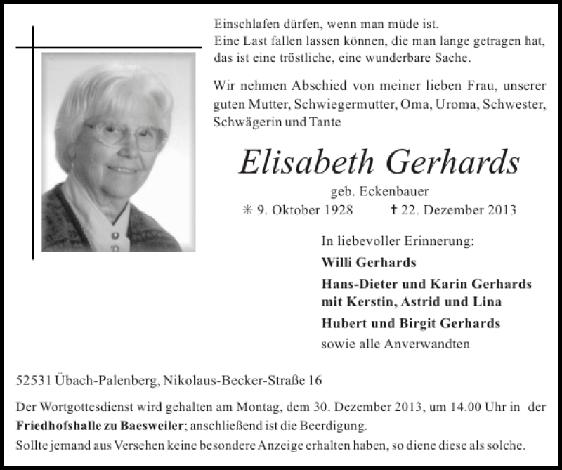 Traueranzeigen von Elisabeth Gerhards | Aachen gedenkt