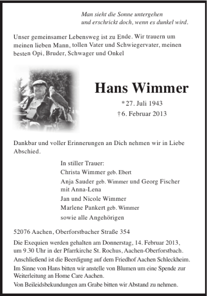  Traueranzeige für Hans Wimmer vom 09.02.2013 aus Aachener Zeitung / Aachener Nachrichten