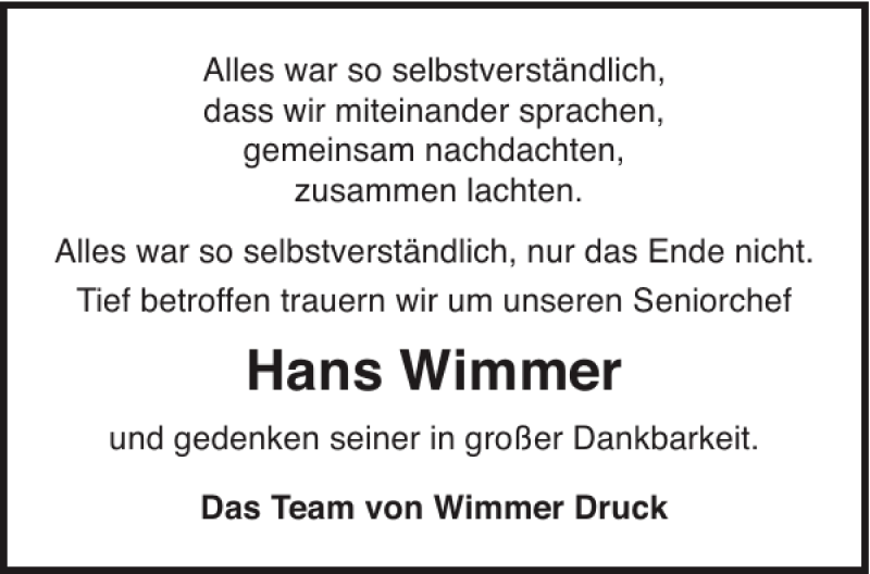  Traueranzeige für Hans Wimmer vom 09.02.2013 aus Aachener Zeitung / Aachener Nachrichten