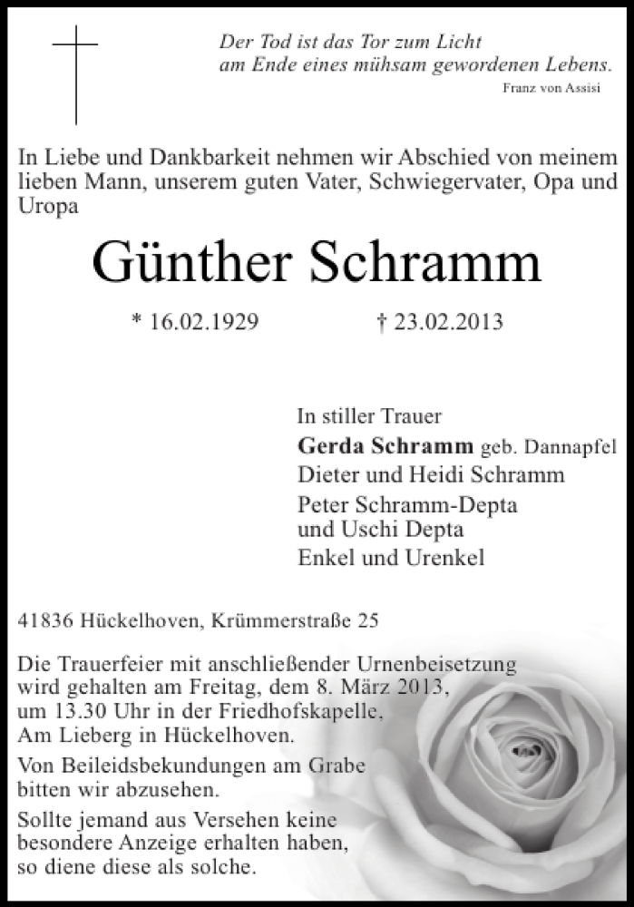 Traueranzeigen Von Günther Schramm Aachen Gedenkt 