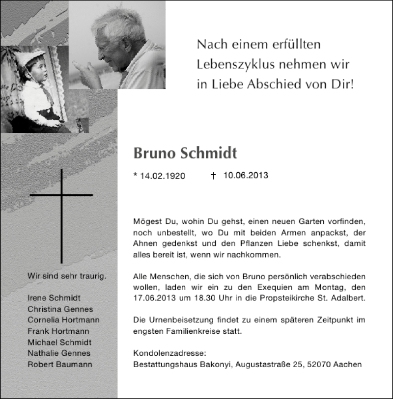 Traueranzeigen Von Bruno Schmidt Aachen Gedenkt