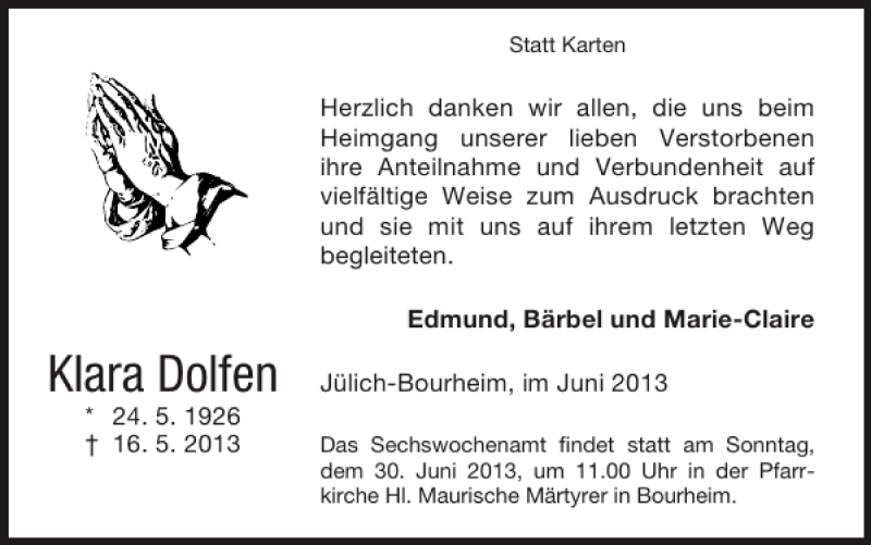 Traueranzeigen Von Klara Dolfen Aachen Gedenkt 2156