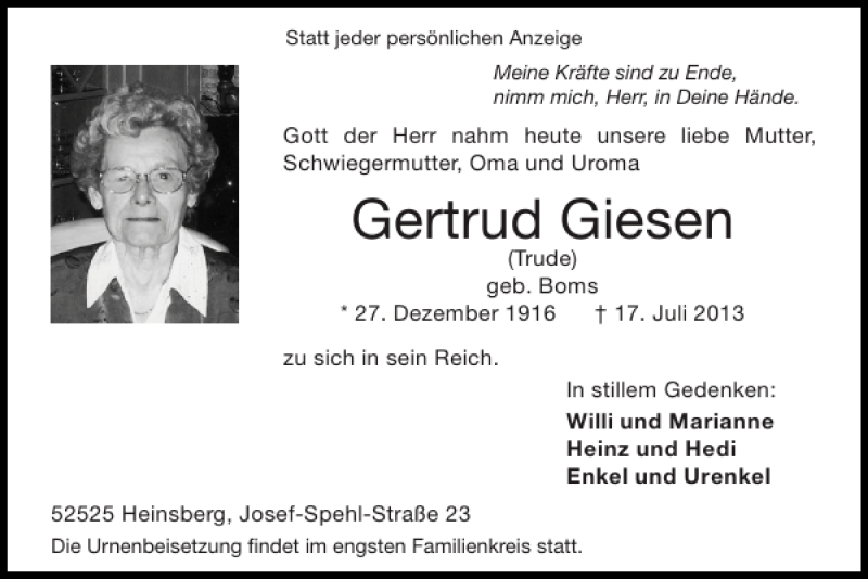 Traueranzeigen von Gertrud Giesen | Aachen gedenkt