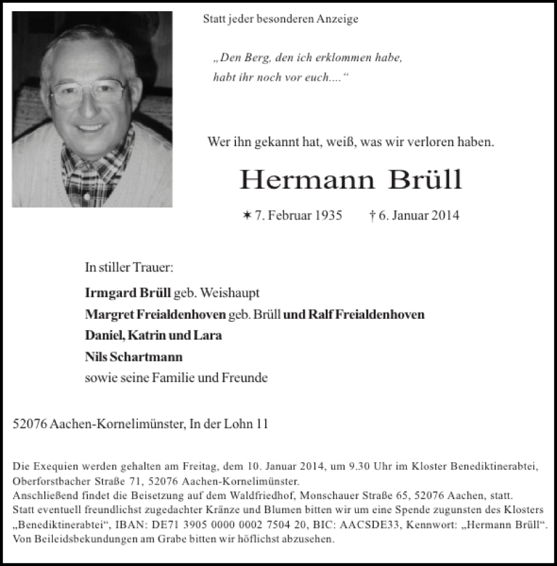  Traueranzeige für Hermann Brüll vom 08.01.2014 aus Aachener Zeitung / Aachener Nachrichten