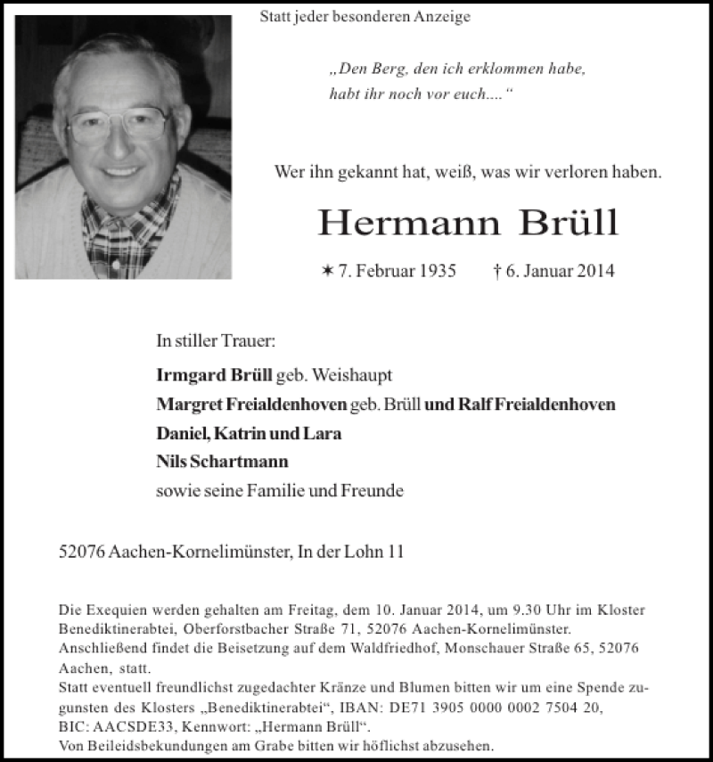  Traueranzeige für Hermann Brüll vom 08.01.2014 aus Super Sonntag / Super Mittwoch