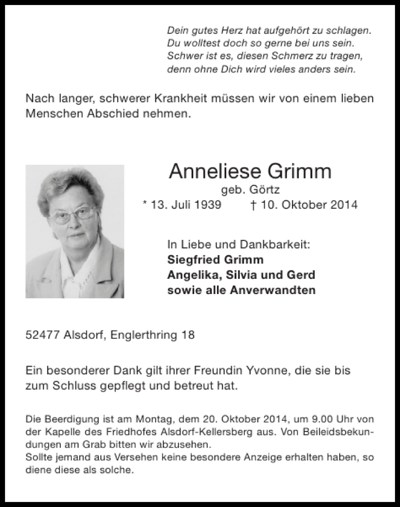 Traueranzeigen von Anneliese Grimm | Aachen gedenkt