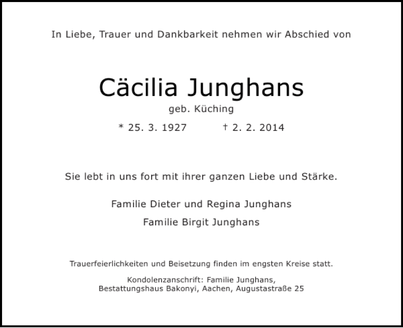 Traueranzeigen von C cilia Junghans Aachen gedenkt