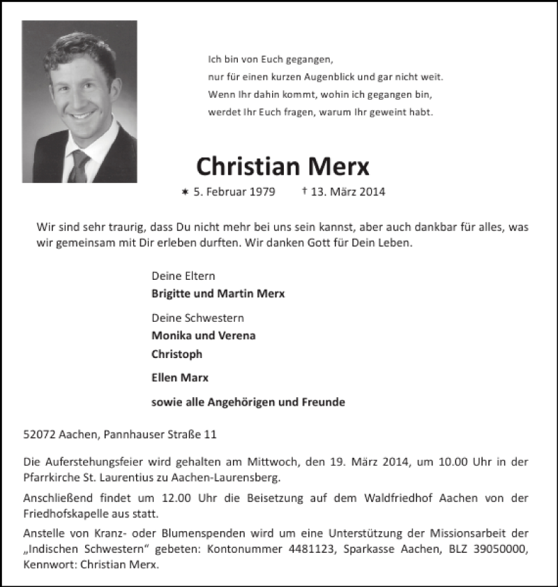  Traueranzeige für Christian Merx vom 15.03.2014 aus Aachener Zeitung / Aachener Nachrichten