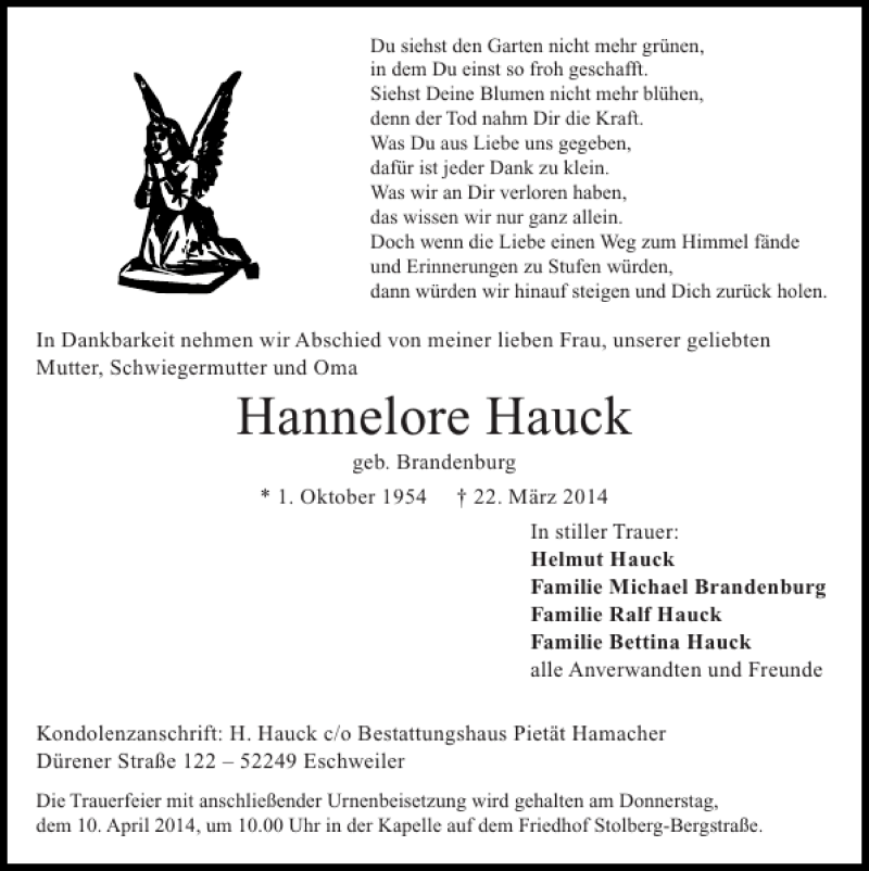  Traueranzeige für Hannelore Hauck vom 06.04.2014 aus Super Sonntag / Super Mittwoch