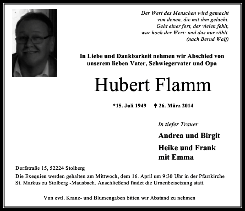  Traueranzeige für Hubert Flamm vom 13.04.2014 aus Super Sonntag / Super Mittwoch