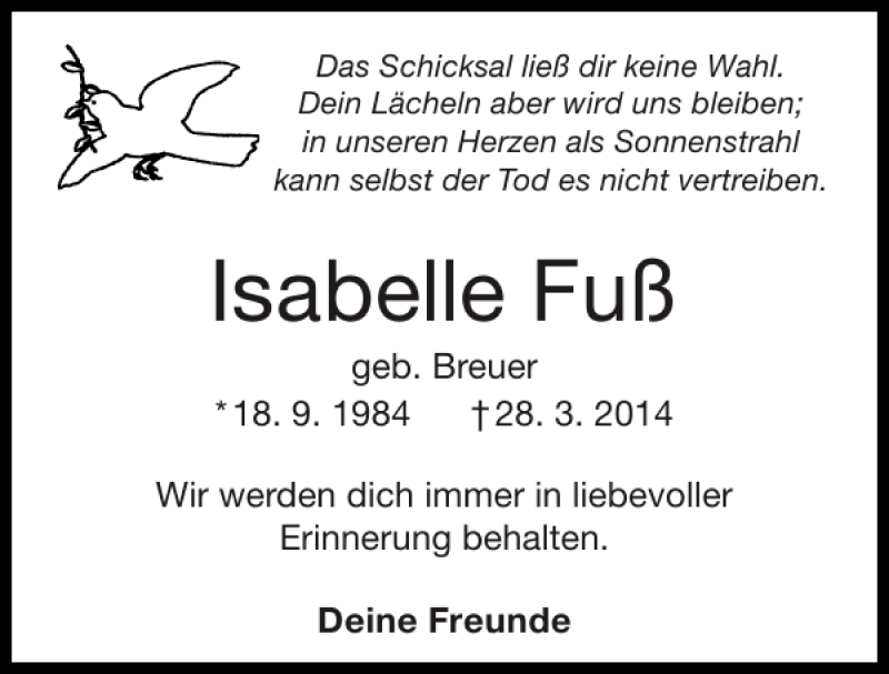  Traueranzeige für Isabelle Fuß vom 06.04.2014 aus Super Sonntag / Super Mittwoch