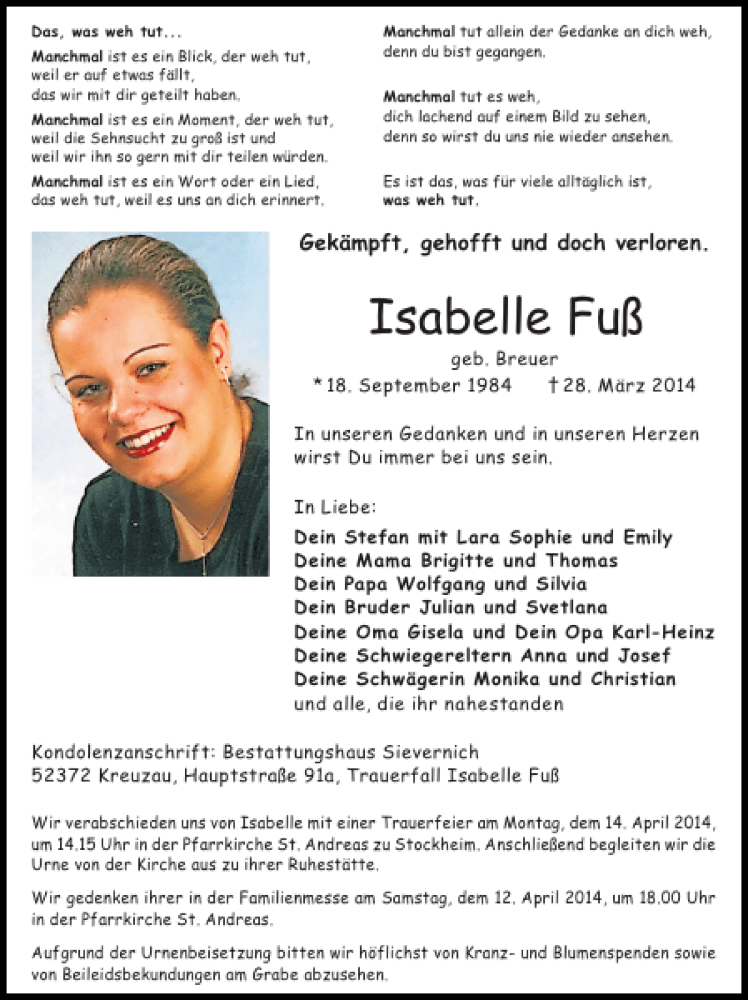  Traueranzeige für Isabelle Fuß vom 06.04.2014 aus Super Sonntag / Super Mittwoch