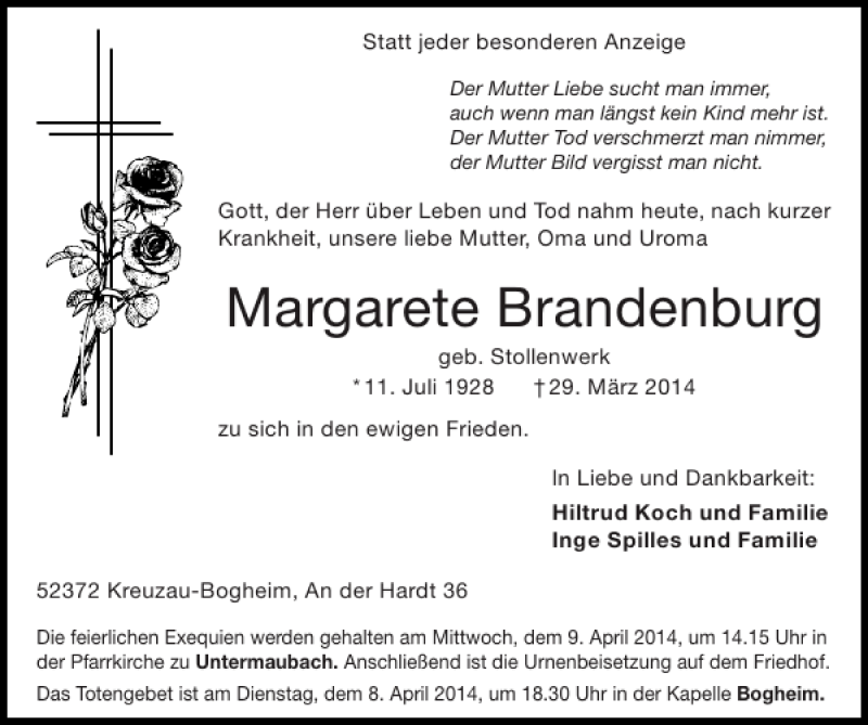 Traueranzeigen Von Margarete Brandenburg Aachen Gedenkt 2970