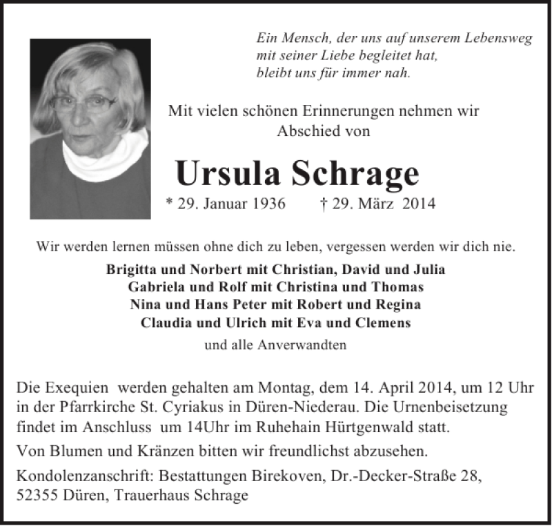 Traueranzeigen Von Ursula Schrage Aachen Gedenkt 