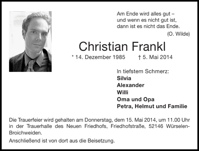  Traueranzeige für Christian Frankl vom 14.05.2014 aus Super Sonntag / Super Mittwoch