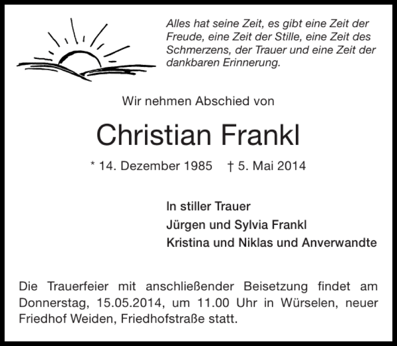  Traueranzeige für Christian Frankl vom 14.05.2014 aus Super Sonntag / Super Mittwoch