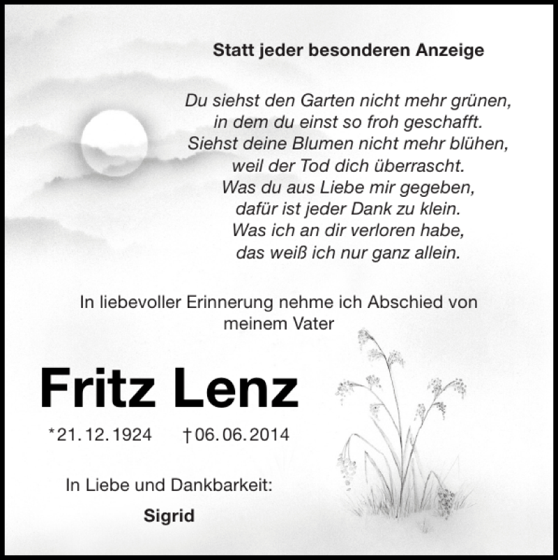  Traueranzeige für Fritz Lenz vom 15.06.2014 aus Super Sonntag / Super Mittwoch