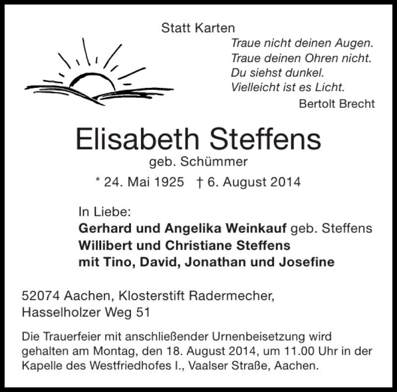 Traueranzeigen von Elisabeth Steffens | Aachen gedenkt