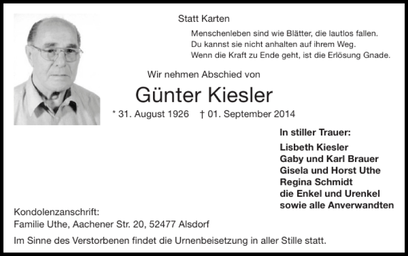 Traueranzeigen von Günter Kiesler | Aachen gedenkt