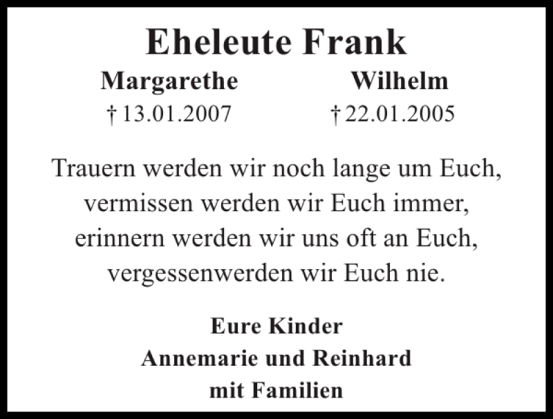 Traueranzeigen Von Eheleute Frank | Aachen Gedenkt