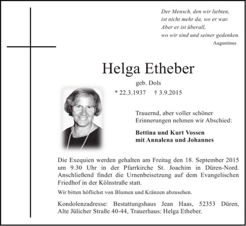Traueranzeigen von Helga Etheber | Aachen gedenkt