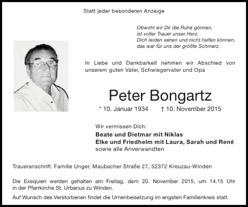 Traueranzeigen Von Peter Bongartz Aachen Gedenkt