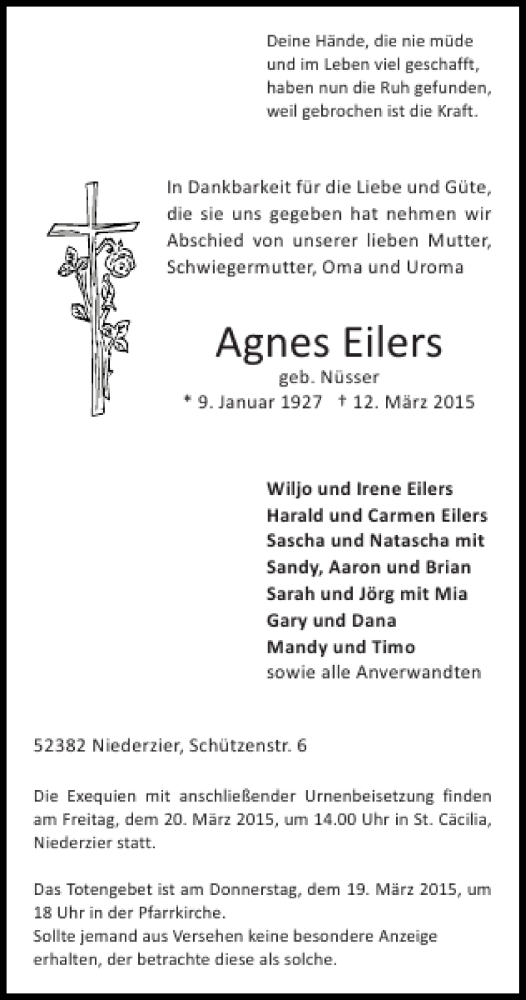 Traueranzeigen von Agnes Eilers | Aachen gedenkt
