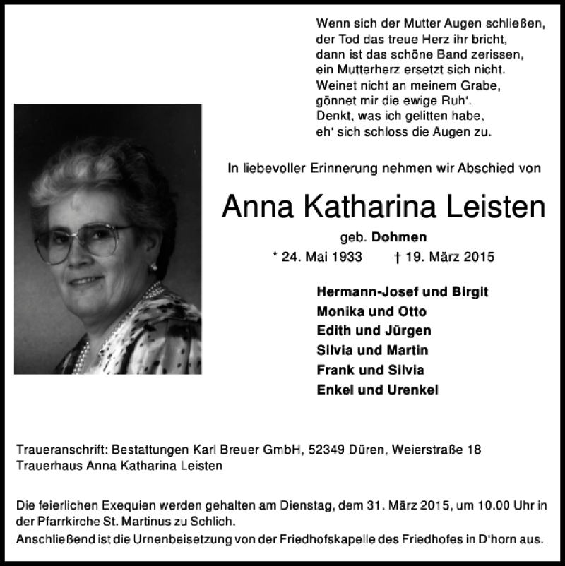 Traueranzeigen von Anna Katharina Leisten | Aachen gedenkt
