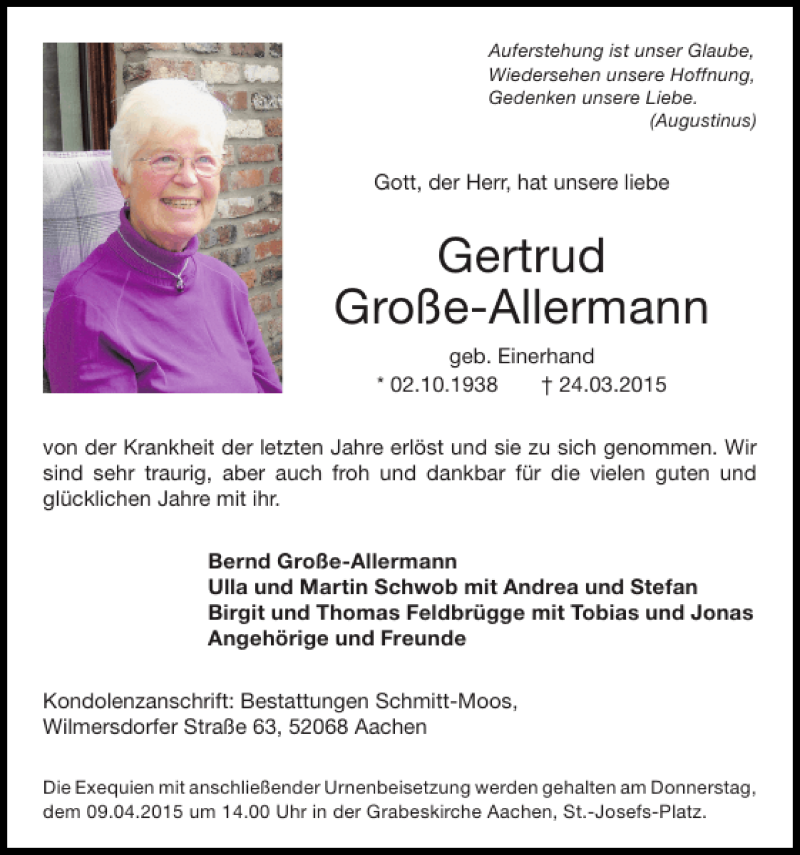 Traueranzeigen von Gertrud Große-Allermann | Aachen gedenkt