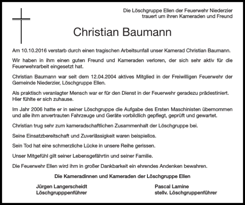  Traueranzeige für Christian Baumann vom 16.10.2016 aus Super Sonntag / Super Mittwoch