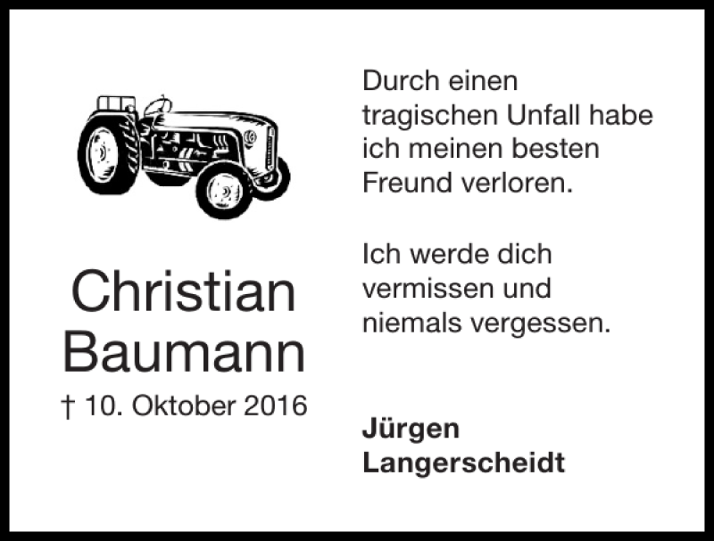  Traueranzeige für Christian Baumann vom 16.10.2016 aus Super Sonntag / Super Mittwoch