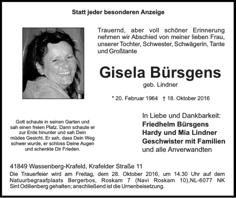 Traueranzeigen von Gisela Bürsgens | Aachen gedenkt